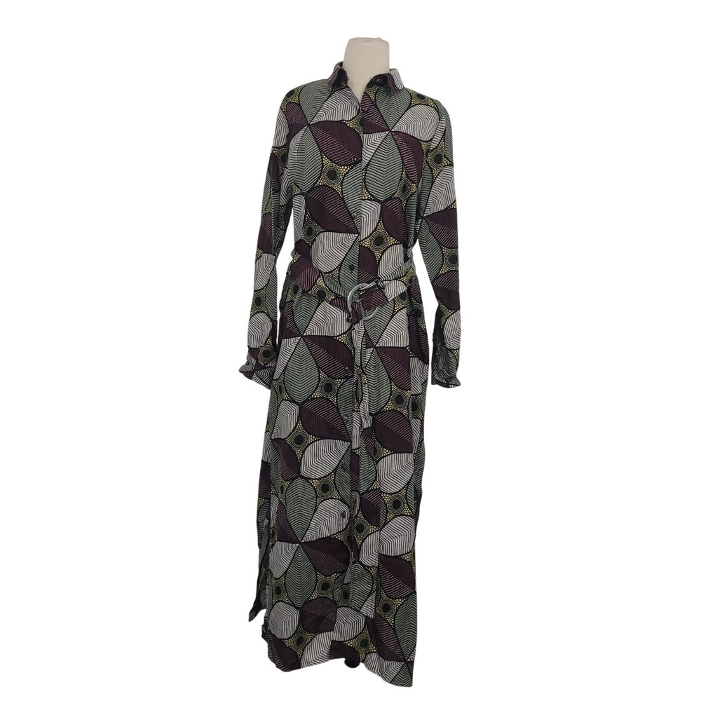 WEILI ZHENG Linen Blend Maxi Dress Sz L Floral Geometric Button Front Ethnic Art